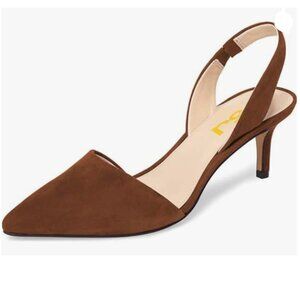 FSJ Brown Mid Heels Pumps Pointed Toe Slingback Sandals Party Casual Dress Shoes